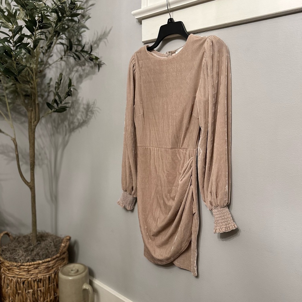 Long Sleeve Ruched Taupe Velvet Dress from Red Dress Boutique